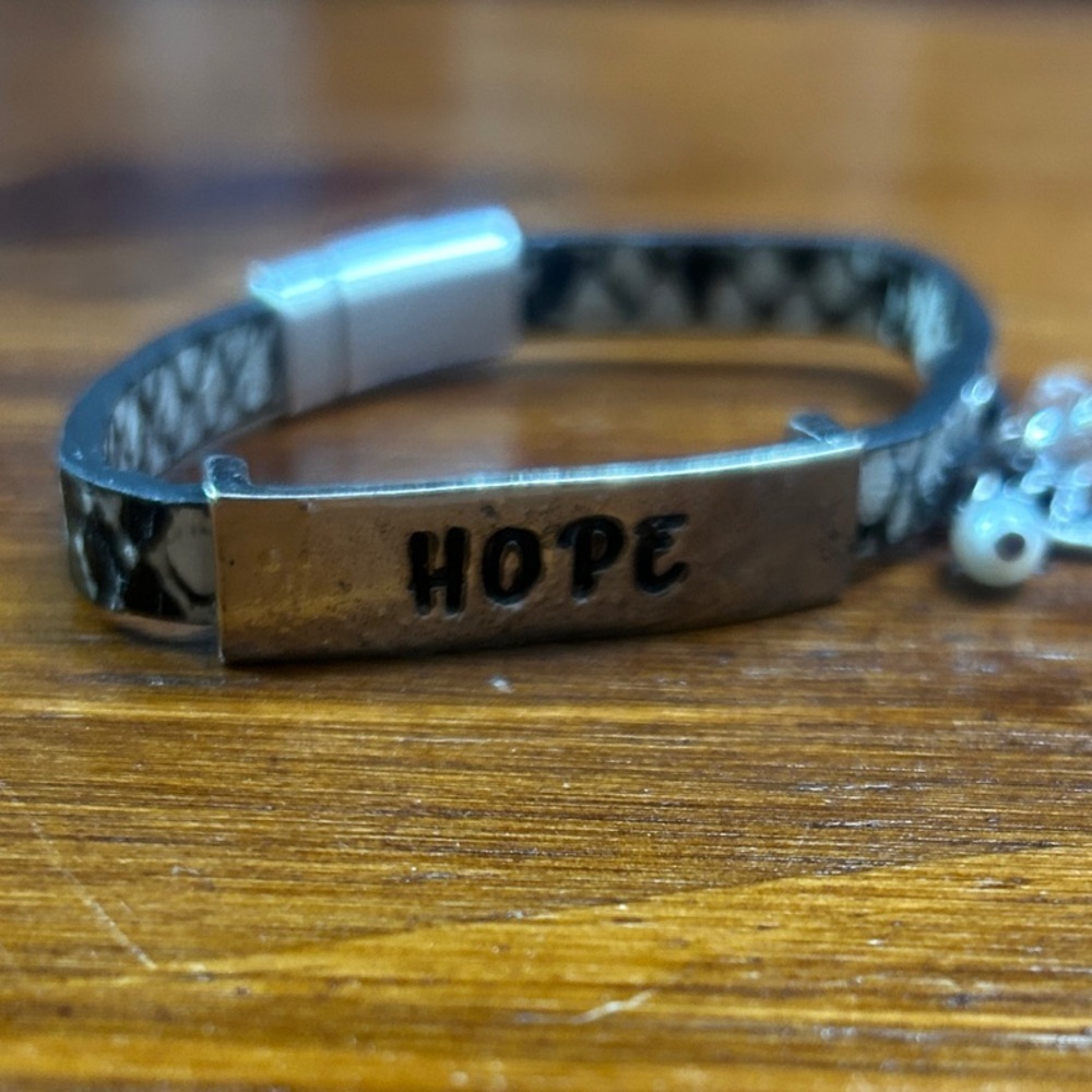 Silver 'Hope' Bracelet with Black and White Snakeskin print Band